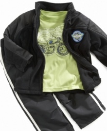 Rev up his style with this cute 3-piece set from Kids Headquarters, featuring a racing team patch jacket, sporty pants, and a motorcycle graphic tee.