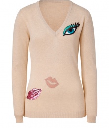 Quirky-cool patch details enliven this lovely neutral pullover from Moschino C&C - V-neck, long sleeves, front eye-shaped and lip-shaped patches, slim fit, long body - Pair with skinny jeans, a pencil skirt, or cropped trousers