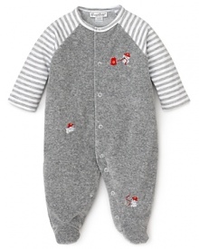 With striped sleeves and embroidered firefighter puppies, this footie is four-alarm cute.