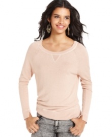 A lace back adds unexpected edge to this sweatshirt-style Bar III top for a cool contrast! Pair it with your fave denim!