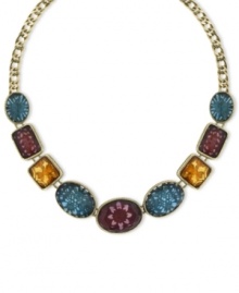 Sweet style. 2028's pretty collar necklace features plastic amethyst intaglio, smoky topaz and indicolite stones in differing shapes. Set in gold tone mixed metal. Approximate length: 16 inches + 3-inch extender.