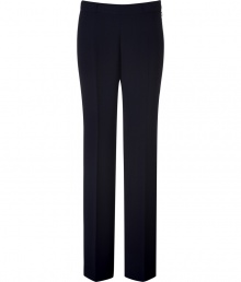 Luxe trousers made of fine, dark blue synthetic fiber - Modern silhouette with wide flared leg - Leg-lengthening, flattering pleats - Side concealed zipper closure - Classic style for the office, leisure or evening - Style with blouses, cardigans and heels for endless wardrobe options