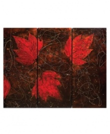 Put these three panels together to create a contemporary environment. Fiery red leaves on a mottled ground are drizzled with color in a striking balance of nature and design.