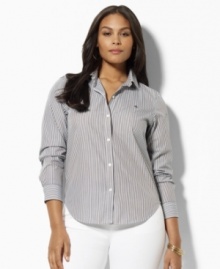 Plus size fashion at its best. Slim stripes lend classic appeal to this timeless shirt from Lauren by Ralph Lauren's collection of plus size clothes. The shirt is rendered in smooth wrinkle-resistant cotton for easy style.