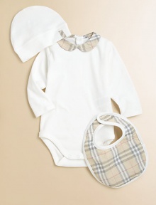 A classic cotton knit bodysuit, bib and hat accented with a soft-toned classic check pattern.Peter Pan collarLong sleevesBack snapsBottom snapsCottonMachine washImported Please note: Number of snaps may vary depending on size ordered. 