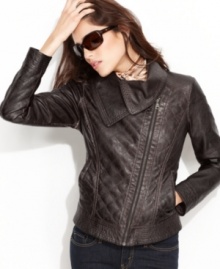 GUESS gives the classic biker jacket a chic update, complete with an overlapping asymmetrical collar and a cool quilted texture.