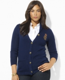 Heritage style comes to life in Lauren Ralph Lauren's chic shawl-collar plus size cardigan, crafted from soft cotton and finished with an embroidered crest.