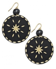 Detailed and delicate. These Style&co. disc drop earrings feature a jet black finish with diamond-cut detail that exposes the gold tone mixed metal setting. Finished with a jet bead at the hook. Approximate drop: 2 inches