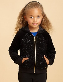 Add a little sparkle to playtime with shimmering specks on the front, back and hood of this cozy fleece hoodie.Attached hoodZip front with J pullLong plain sleeves with ribbed cuffsRibbed waistAngled front pocketsJuicy heart charm near hemCotton jersey liningPolyesterHand washImported