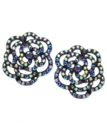 Beauty is in bloom. This pair of stud earrings from GUESS is crafted from sprayed-jet-tone mixed metal with light purple glass crystals adding luster to the bouquets. Approximate drop: 1 inch. Approximate diameter: 1 inch.