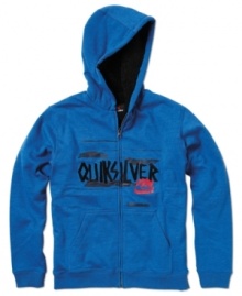 This Quiksilver hoodie has faux fur lining for extra warmth and a sleek logo print for extra coolness.