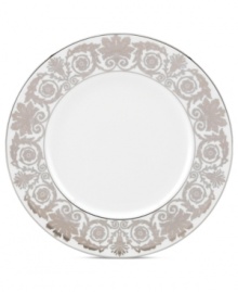 Fine dining will flourish with the Artemis accent plate from Lenox. A rich floral pattern and wide bands of sumptuous platinum in white bone china embody classic elegance.