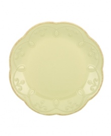 With fanciful beading and a feminine edge, this Lenox French Perle accent plates have an irresistibly old-fashioned sensibility. Hardwearing stoneware is dishwasher safe and, in a soft pistachio hue with antiqued trim, a graceful addition to every meal. Qualifies for Rebate