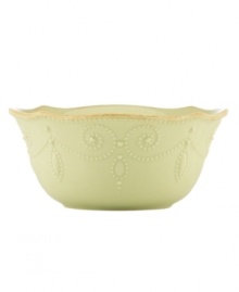 With fanciful beading and a feminine edge, this Lenox French Perle bowl has an irresistibly old-fashioned sensibility. Hardwearing stoneware is dishwasher safe and, in a soft pistachio hue with antiqued trim, a graceful addition to every meal. Qualifies for Rebate