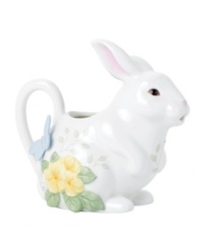 This silly rabbit hippity-hops from brunch to teatime. Featuring a white porcelain coat with a raised bouquet and butterfly, the Butterfly Meadow bunny creamer delights diners of all ages. Qualifies for Rebate