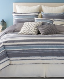 Sleek sophistication. Bryan Keith's Ventura comforter set features grey and cream horizontal stripes and reverses to grey, cream and blue vertical stripes. European shams feature an intricate cream-on-cream embroidered pattern for added texture. Three coordinating decorative pillows tie together this fresh, chic look.