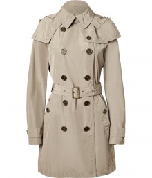 Invest in high style with this ultra-chic hooded trench from Burberry London - Small spread collar, hood with snap detailing, long sleeves with buttoned cuffs, double-breasted, front button placket, belted waist - Fitted silhouette - Pair with slim trousers or jeans and a cashmere pullover