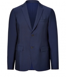 Exquisitely tailored with a flawless slim fit, Jil Sanders classic navy blazer guarantees to give your look a seamlessly sophisticated edge - Notched lapel, long sleeves, buttoned cuffs, double-buttoned front, flap pockets, back vent - Contemporary slim fit - Wear with an immaculately cut shirt and matching slim fit trousers