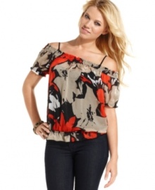 Rock chic, senorita style by day in this top from GUESS?: a medley of bold print, blouson fit and shoulder-baring design!