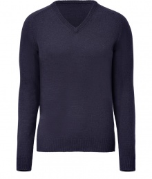 Quietly elegant and effortlessly cool, Jil Sanders navy pullover raises the bar on everyday indispensables - Classic  v-neck style, in a soft, densely woven medium-weight Italian wool and camel hair blend - Rib trim at cuffs, collar and sleeves - Slim, straight cut - Versatile and polished, seamlessly transitions from work to weekend - Pair with slim trousers, chinos or dark denim