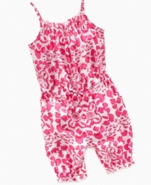 Start her day off with a little warm-weather flair in this tropical romper from DKNY.