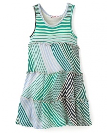 A vibrant patchwork of contrasting stripes add pop to this charming multitiered sleeveless dress from Little Ella.