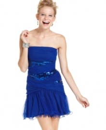 A ruffled hem and subtle dose of sequins add charm to this strapless party dress from Roberta!