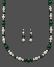 Fluid, flattering earth tones compliment every look. This gorgeous necklace and earrings set features cultured freshwater pearl (5-8 mm) and malachite (6-8 mm) set in sterling silver. Necklace measures approximately 18 inches. Earring drop measures approximately 1-1/2 inches.