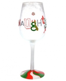 Be nice and get a little naughty with this sassy, hand-painted wine glass from Lolita. Glitter and rhinestones bring the message home with a festive peppermint-swirl base. Mix up a fresh drink following the recipe on its base.