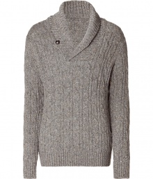 Casual pullover from American casual label Vince - From a pleasant wool-nylon blend - Cool chunky knit, elegant taupe - Modern slim fit with long sleeves - Wide cuffs at the ends of the sleeves and at the waist - Open shawl collar - Very versatile - Perfect with jeans or light pants