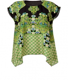 Work an opulent edge into city-chic looks with Anna Suis printed bamboo handkerchief top - Round neckline, cap sleeves, longer draped sides - Loosely fitted - Wear with skinnies, black ballerinas and bright green accessories