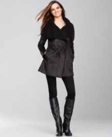 An oversized, foldover collar with a faux shearling fabric gives this INC coat a plush look and feel.