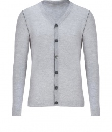 With a cool grey hue and modern contrast trim, Jil Sanders wool cardigan is both classic and contemporary - High V-neckline, long sleeves, button-down front, contrast trimmed seaming - Slim fit - Wear with a button-down, tailored trousers and lace-ups