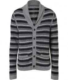 Inject an optical edge into your contemporary knitwear collection with Rag & Bones cool greyscale striped cardigan - Shawl collar, long sleeves, front slit pockets, fine ribbed grey trim, button-down front - Contemporary slim fit - Wear with tees and jeans, or over button-downs and slim cut trousers