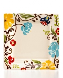 Hand painted with folksy florals, the Jardin square dinner plate from Vida by Espana delivers colorful fresh-for-spring style along with everyday durability.