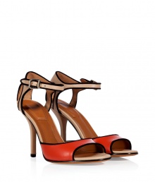 Detailed with black suede trim for a contemporary look, Givenchys colorblocked sandals lend a sleek modern edge to any outfit - Open toe, red front strap, nude cut-out back counter, ankle strap with silver-toned roller buckle, black suede trim - Stiletto high heel - Wear with a silk tee and full mid-length skirt