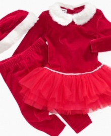 Celebrate the season with this adorable velour Santa dress set by Blueberi Boulevard with a tutu dress, leggings and matching holiday hat.