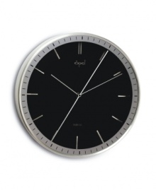 Meant to be seen, not heard, this Opal Clocks wall clock combines a shiny black dial and smooth, soundless movement in sleek, brushed aluminum. With a double-sided second hand and numberless design.