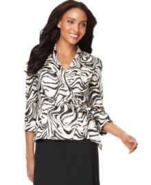 Alex Evenings makes choosing your evening ensemble like black and white-literally so in the case of this printed blouse, complete with a chic shawl collar and tie at the waist.