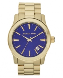 The classic golden watch gets a jolt of energy with a blue dial on this Runway watch from Michael Kors.