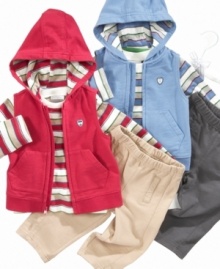 He'll be geared up and ready to go in this adorable fleece vest, tee and pants set by First Impressions.