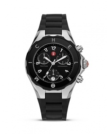 Make a bold, glamorous statement with Michele's jelly bean watch. Styled in sleek black with three-eye functionality.