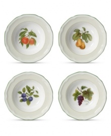 Your table comes to life! Four complementary antique prints add classic character to white porcelain fruit bowls with evergreen trim.