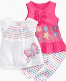 Her outfit will be as colorful as her personality with this delightful 3-piece tank, shirt and legging set from Nannette.