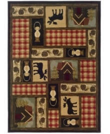 Add a little coziness to your decor with this down-home area rug and its cabin-chic motif. Sphinx presents a compartmentalized pattern of lanterns, pine cones, moose and more -- pictured in vivid color on soft polypropylene for superb durability.