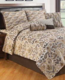 Go for the gold. A warm and shimmering palette of gold, tan and gray forms an artistic flourish design in this Azara comforter set, dressing your bed with an alluring ambiance. Decorative pillows and shams bring in a complementary rectangle pattern.