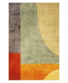 A majestic mix of luminous colors and abstract shapes creates a rug of modern, refined beauty. Like the best contemporary art, its color palette of bright red, orange, lavender, sage and earth tones makes an immediate visual impression.