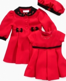 Coated in cuteness! She's a regular girl about town in this adorable three-piece coat set featuring a matching dress and hat from Bonnie Baby.