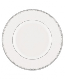 Start out any dinner in style with this fine china bread and butter plate. From innovative designer Monique Lhullier, it features a platinum-edged tiered scallop pattern on creamy white.