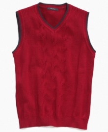 Neat and smart is this classic solid bold sweater vest by Nautica with contrast trim.